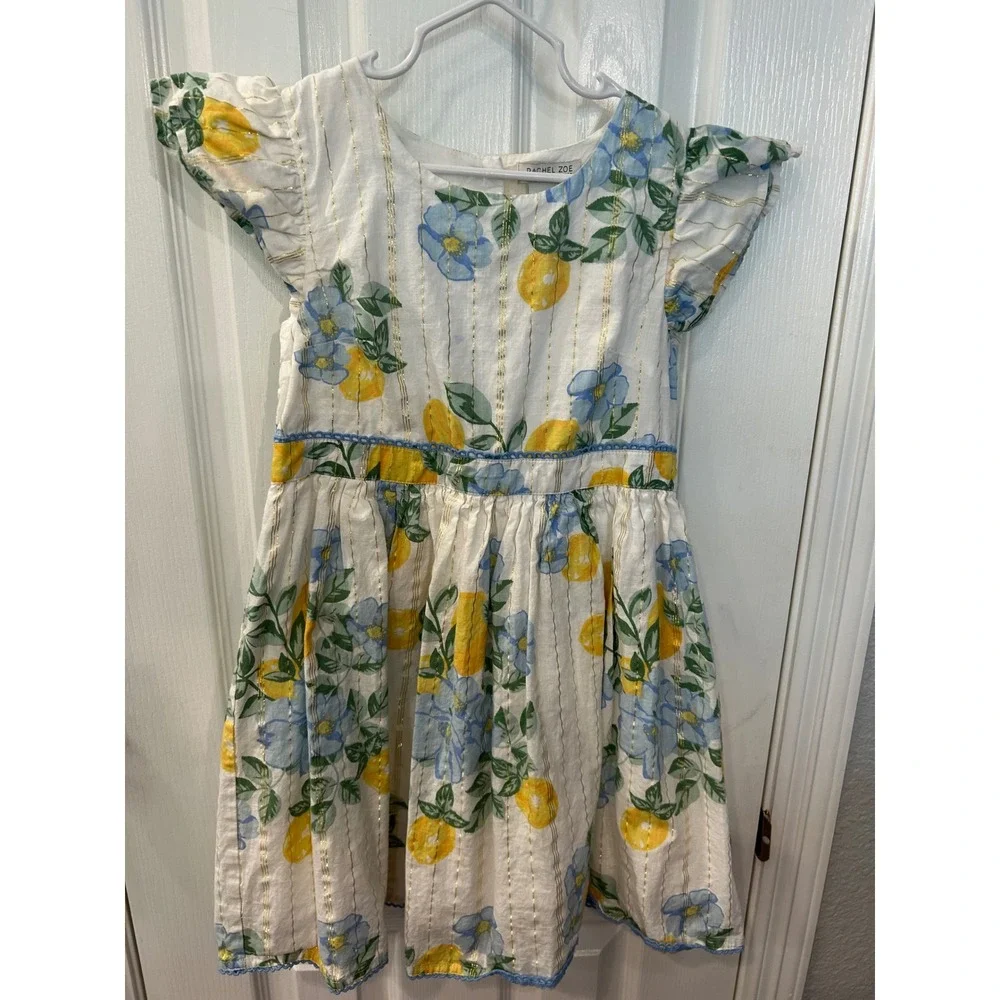 Rachel Zoe Dress White Lemon Floral Gold Metallic‎ Stripe Flutter Sleeve Bin A